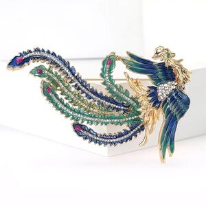 Blue Green Phoenix Bird Brooch Gold Tone Crystal Rhinestone Statement Pin